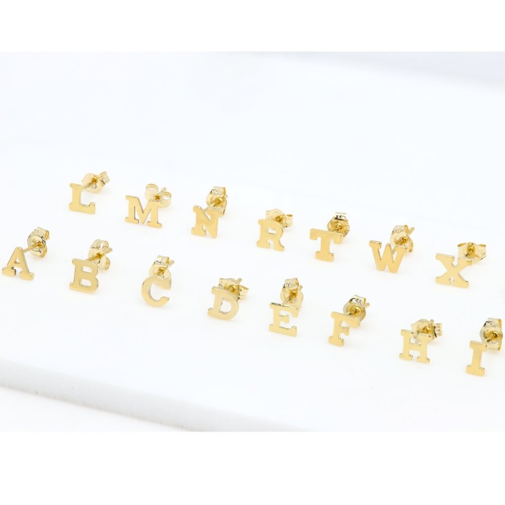 14k Gold Mini Alphabet Earrings Studs Sold as a Pair Fit for any Age - Picture 3 of 17